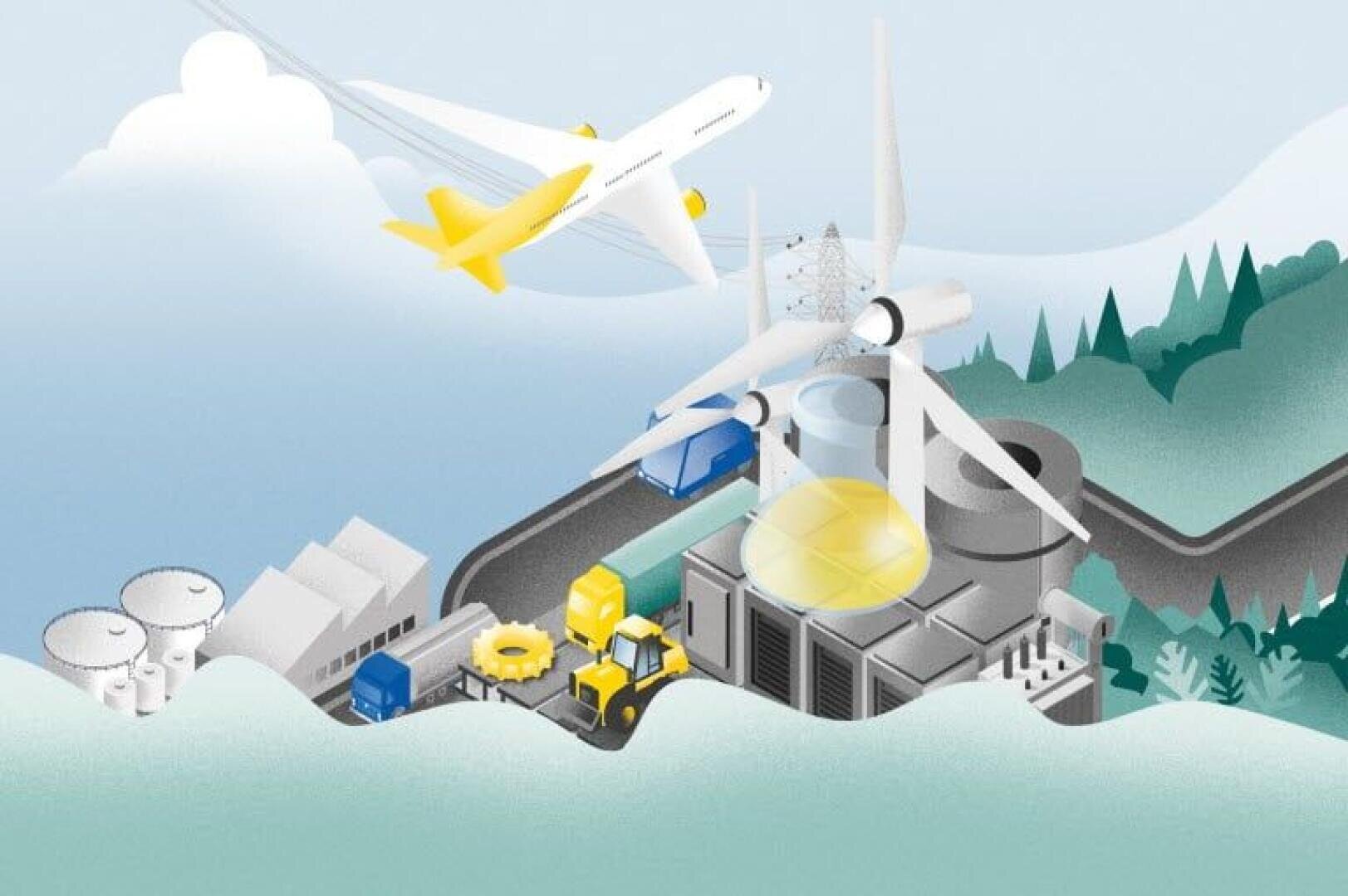Illustration einer Fabrik mit Windrädern, Lastwagen, Containern und Getrieben im Vordergrund. Ein Flugzeug fliegt über dem Bild, und im Hintergrund sind Bäume und Lagertanks zu sehen.