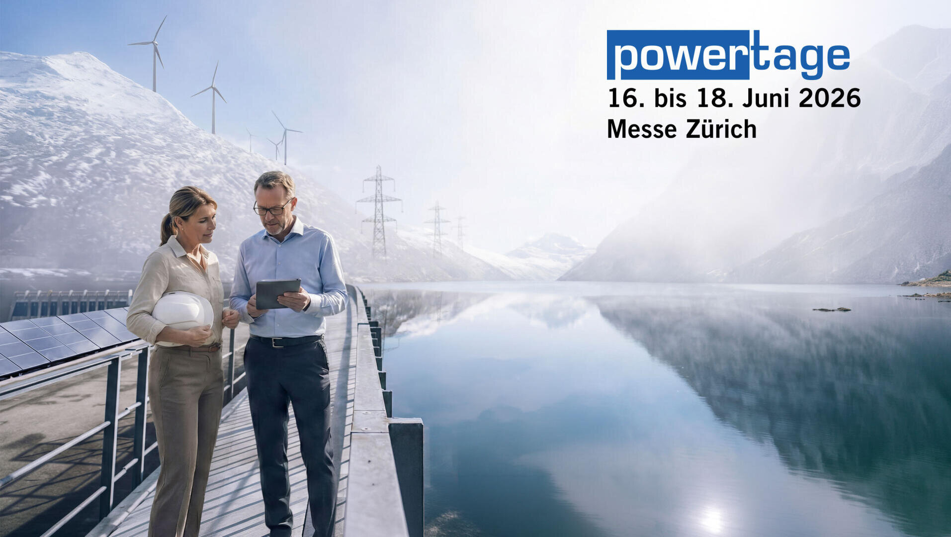 Two people stand by a lake with solar panels, wind turbines, and power lines in the background. The text reads: powertage 16 to 18 June 2026 Messe Zurich. Snow-capped mountains and blue skies are visible.