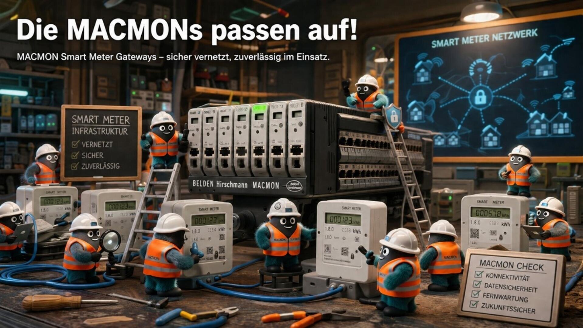 A control room with cartoon raccoons in protective clothing monitoring smart meters and network devices. The text reads: "The MACMONs are watching out!" and promotes MACMON smart meter gateways for secure, reliable networking.