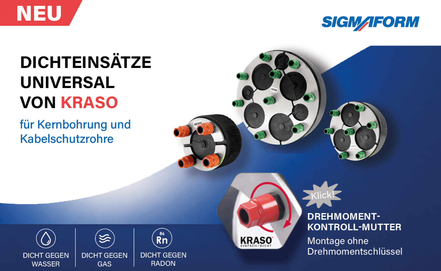 Advertising graphic for SIGMAFORM's KRASO Universal sealing inserts featuring product images, symbols for water, gas, and radon protection, and text highlighting tool-free assembly and the function of a snapping control nut.