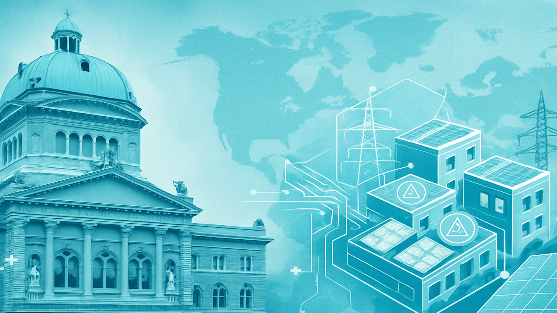 On the left, a historic domed building can be seen, while on the right, stylized modern buildings with solar panels and digital lines appear against a world map background with images of power lines.