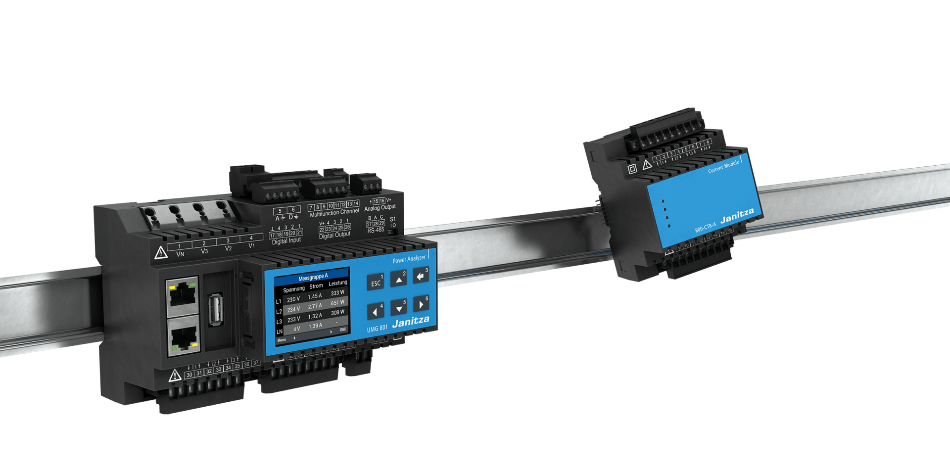 Zwei schwarze und blaue industrielle Steuermodule, die auf einer DIN-Schiene aus Metall montiert sind und über verschiedene beschriftete Eingangs-/Ausgangsanschlüsse, Tasten und Kontrollleuchten verfügen, die für Automatisierungs- oder Überwachungssysteme verwendet werden.
