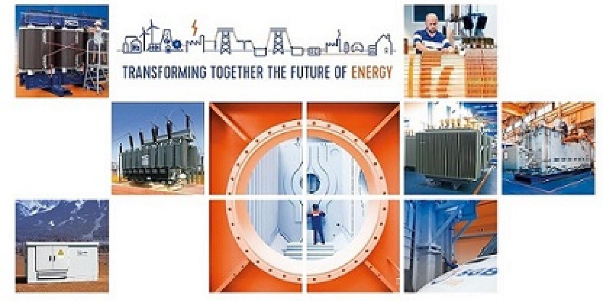 A collage of energy-related images, including transformers, appliances, engineers at work and industrial scenes, with the text Transforming Together the Future of Energy above illustrated energy symbols.