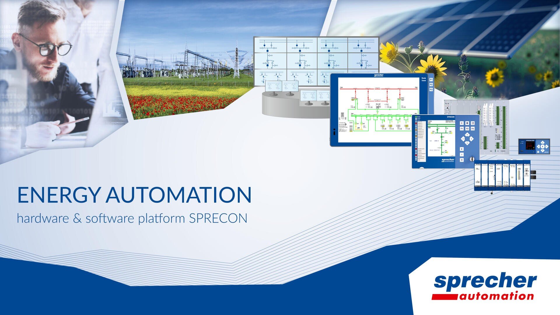 A graphic for Sprecher Automation’s SPRECON energy automation platform showing SPRECON devices, operator units, an IT technician, a substation, and a photovoltaic system.