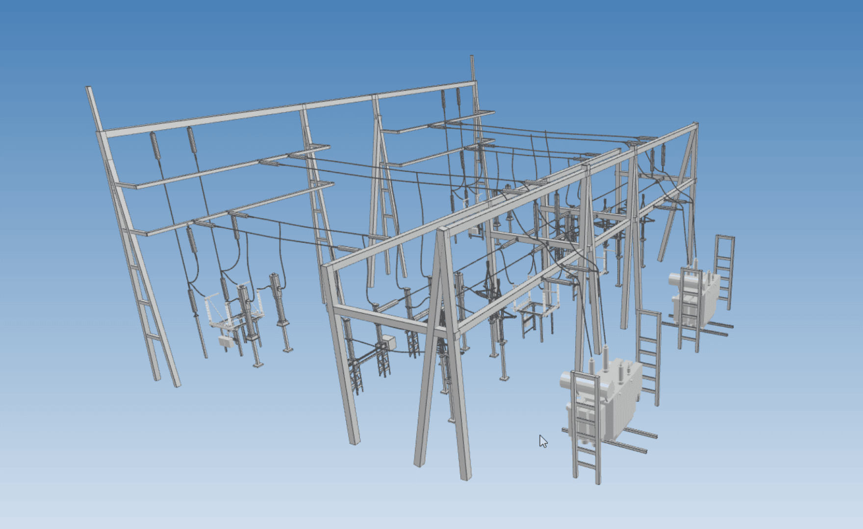 3D-Modell eines elektrischen Umspannwerks mit Stahlgerüsten, Isolatoren, Leistungsschaltern und Freileitungen vor einem blauen Hintergrund.
