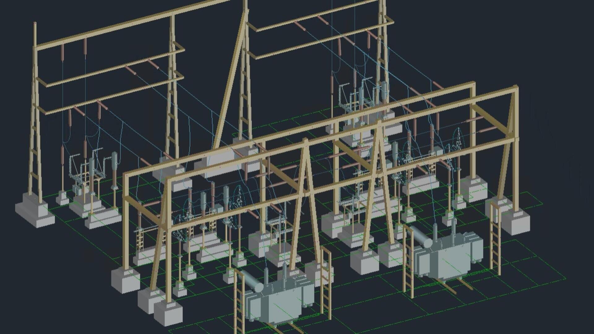 3D-CAD-Modell eines elektrischen Umspannwerks mit Transformatoren, Leistungsschaltern, Tragwerken und Freileitungen auf einem dunklen Hintergrundgitter.