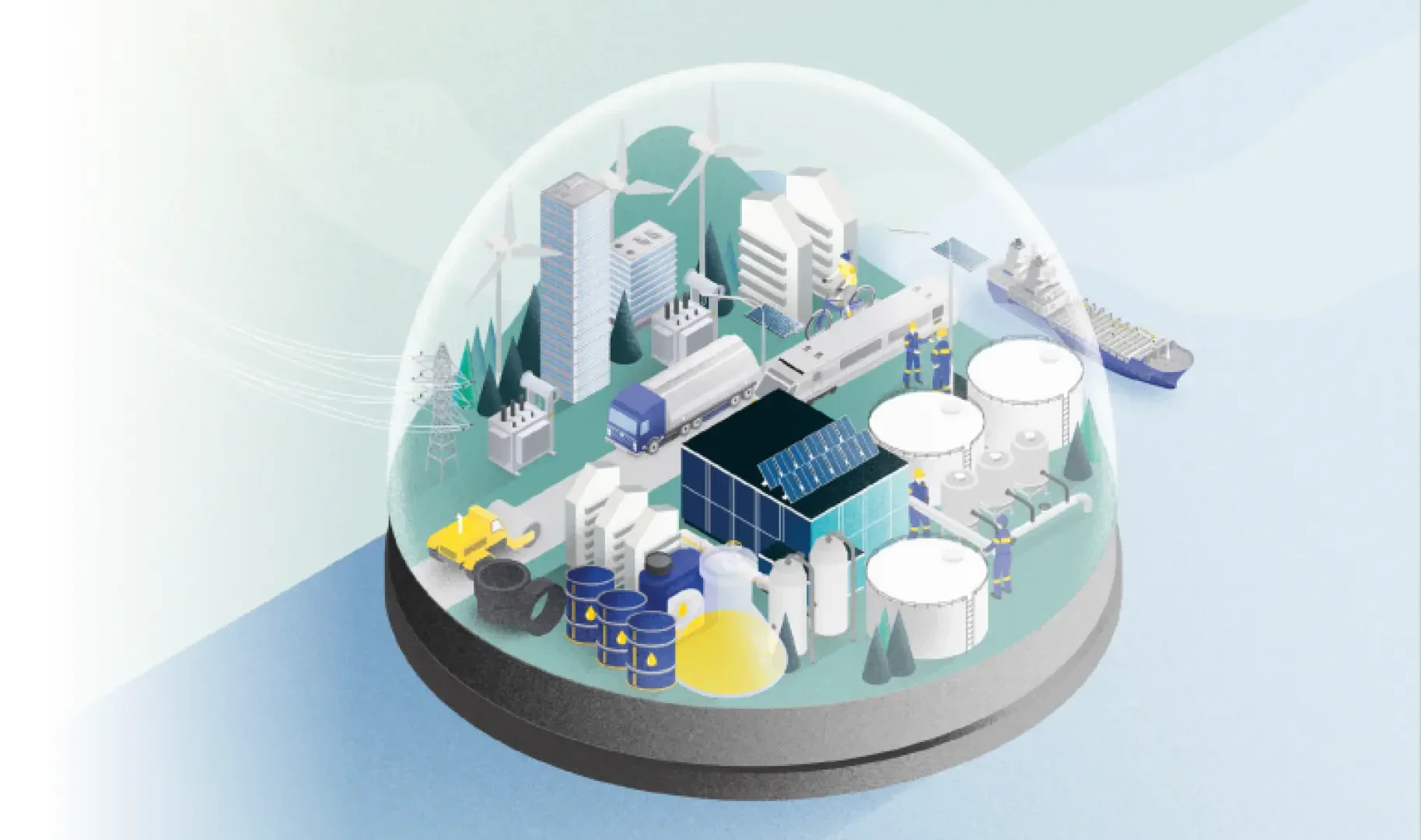 An illustration of an industrial complex under a glass dome with factories, storage tanks, wind turbines, trucks and a cargo ship, representing a closed and interconnected industrial ecosystem.