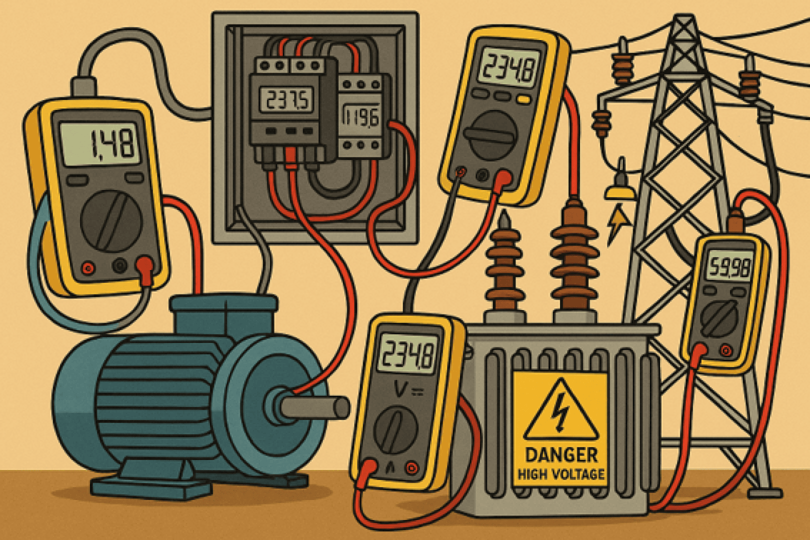 Illustration of electrical measuring devices for measuring voltage and current around a motor, a control panel, and a transformer with the label 'Danger High Voltage', featuring power lines and pylons in the background.