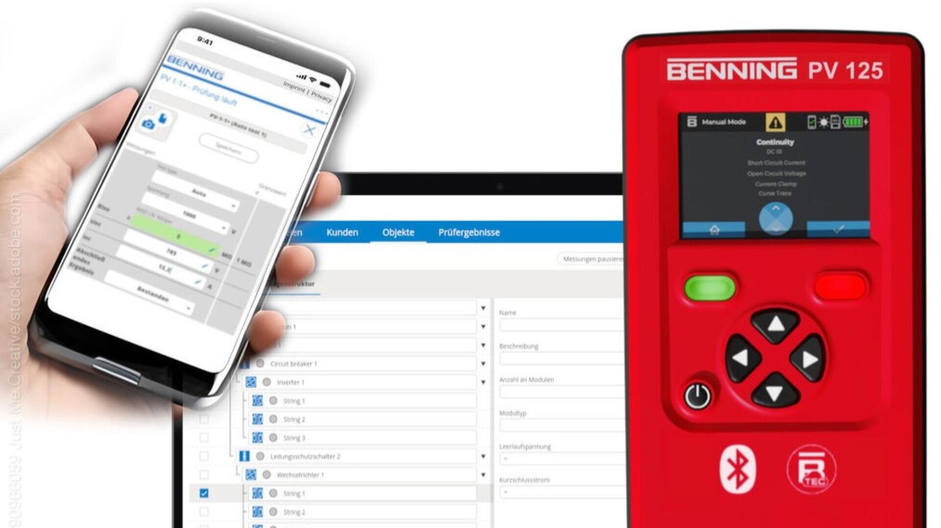 A hand holds a smartphone displaying a testing app, next to a red BENNING PV 125 device and a laptop screen showing data entry fields. The setup suggests digital and Bluetooth-enabled test equipment.