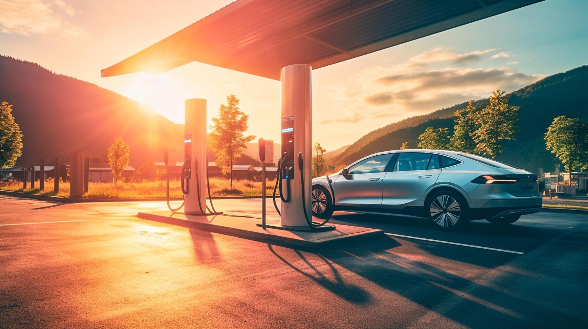 Ein silbernes Elektroauto lädt sich an einer modernen Ladestation unter einem Vordach vor einer malerischen Berglandschaft auf, während die Sonne untergeht.