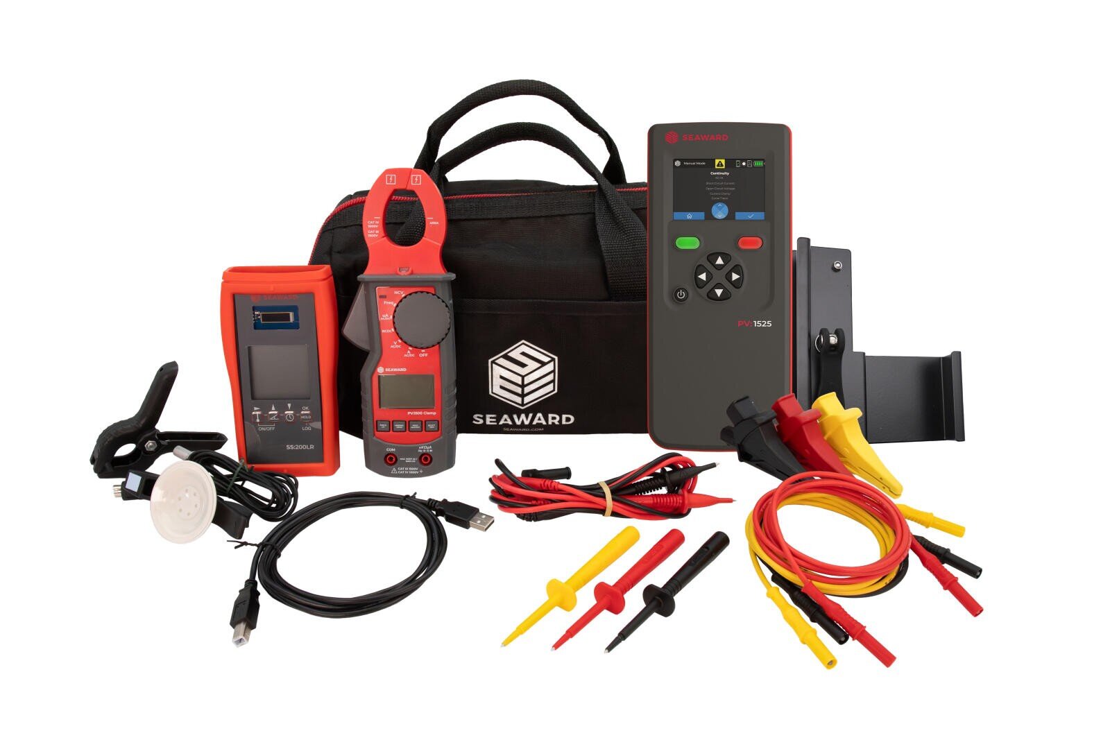 A set of electrical test tools, including a clamp meter, hand tools, test probes, cables with clamps and a black Seaward carrying case, all on a white background.