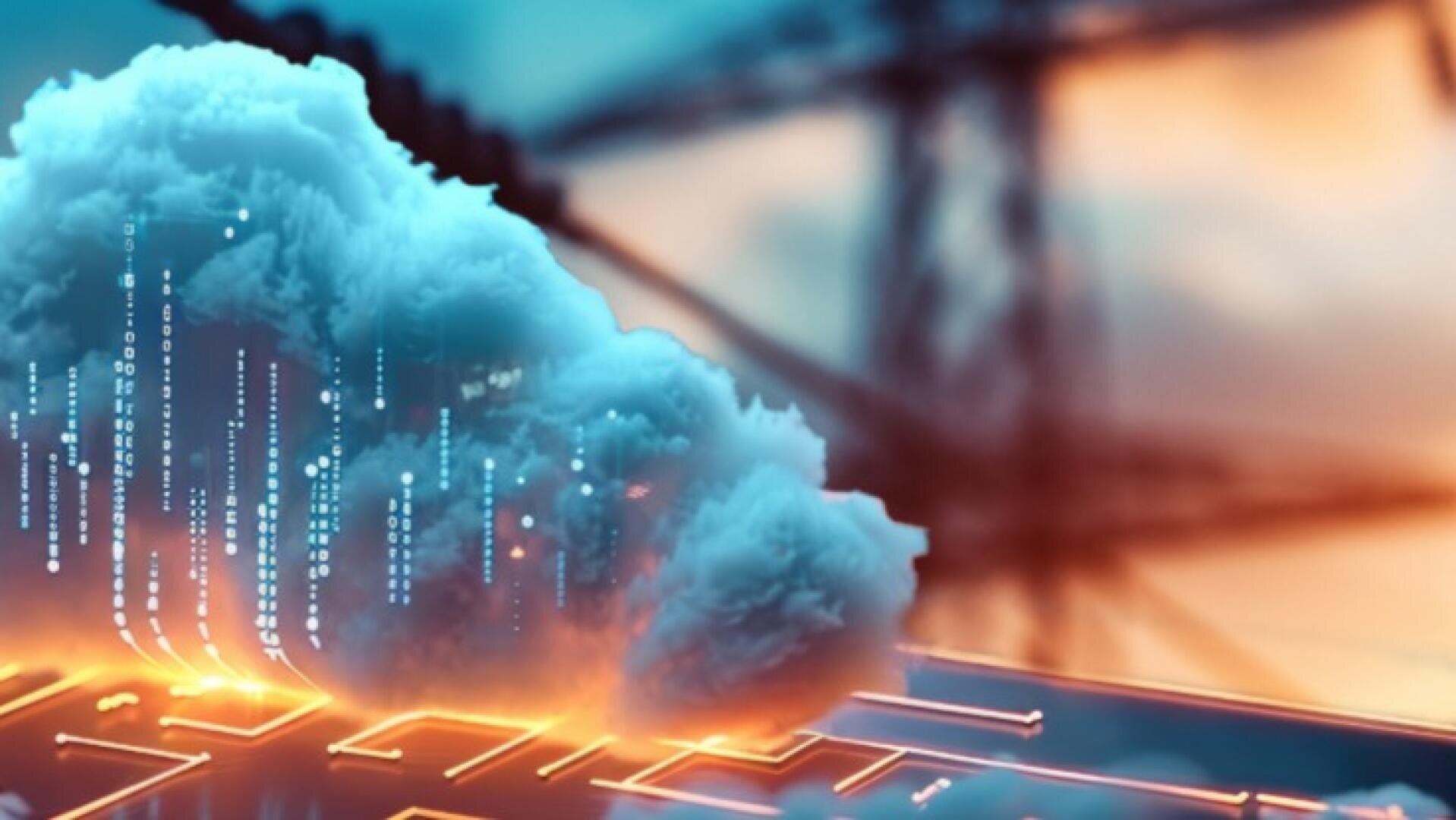 A digital cloud with binary code overlays a glowing circuit board, symbolizing cloud computing and technology, with blurred power lines in the background.