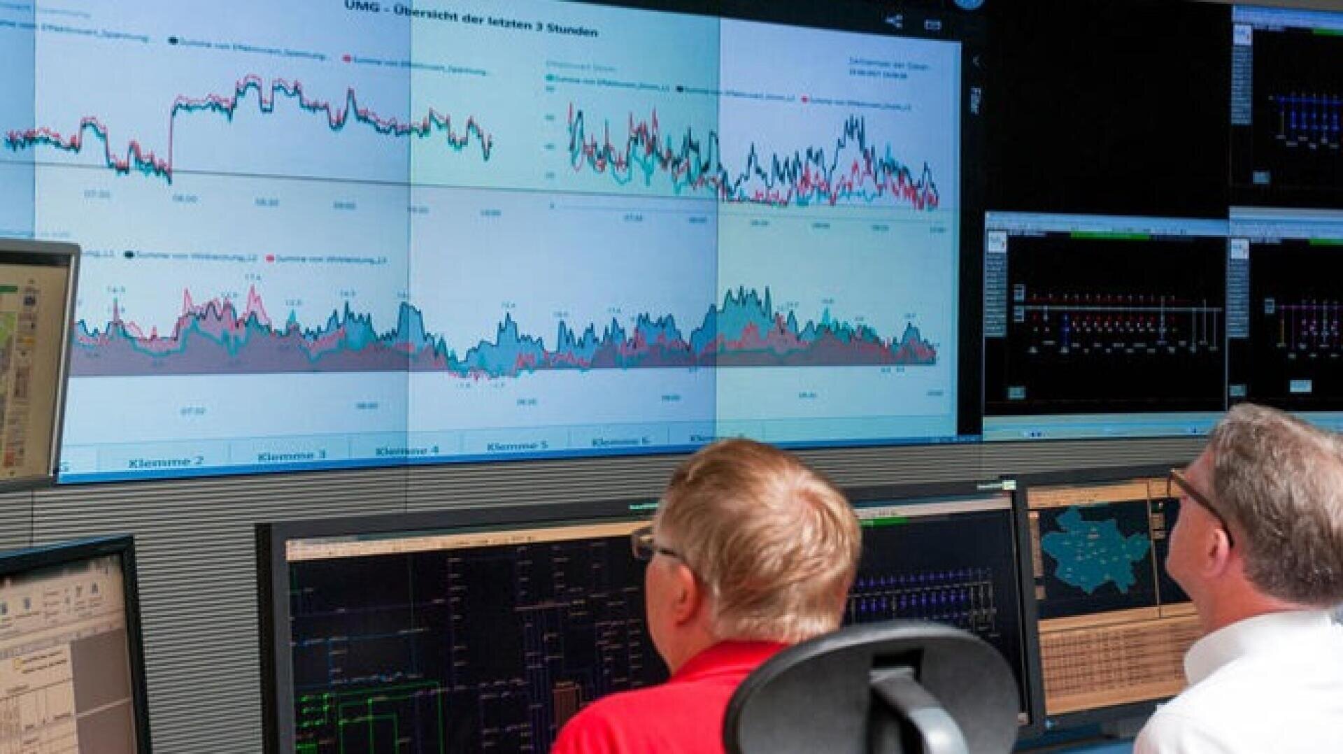 Two people sit at computer workstations and monitor several large screens on which graphics, diagrams and data analyses are displayed in a control room environment.