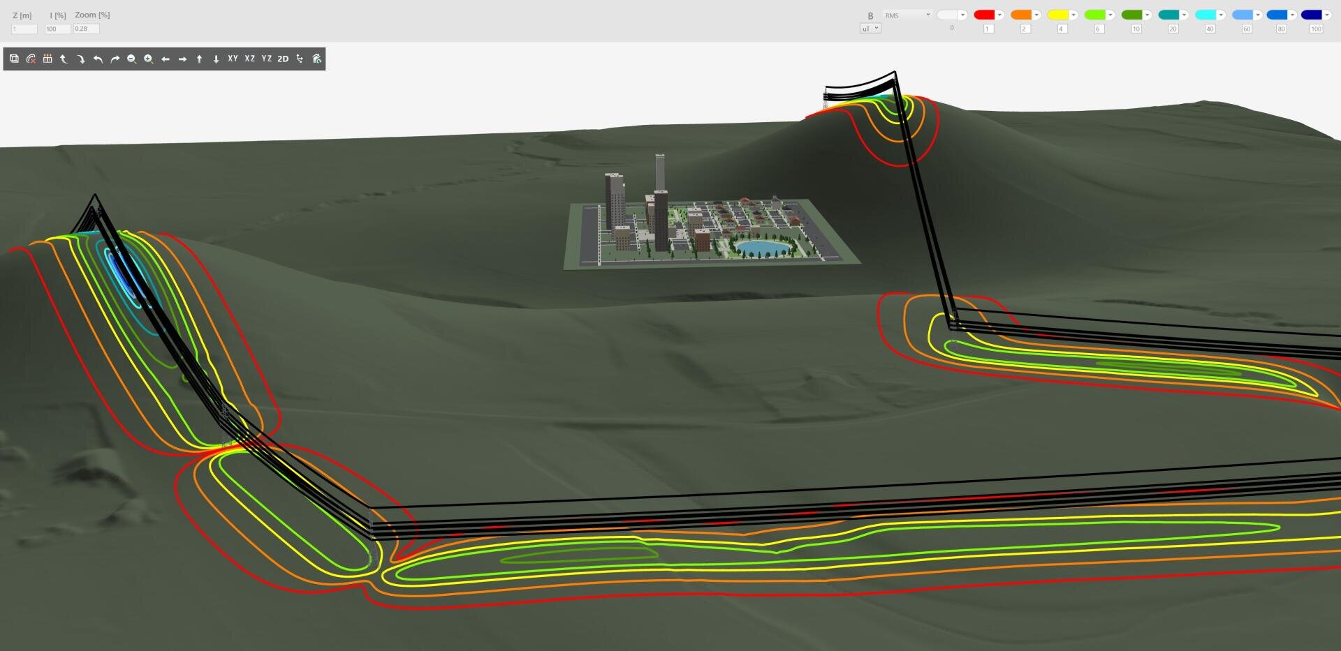 3D rendered landscape showing a power plant surrounded by hilly terrain, with winding colored lines (black, red, yellow, green) representing paths or routes over the hills.
